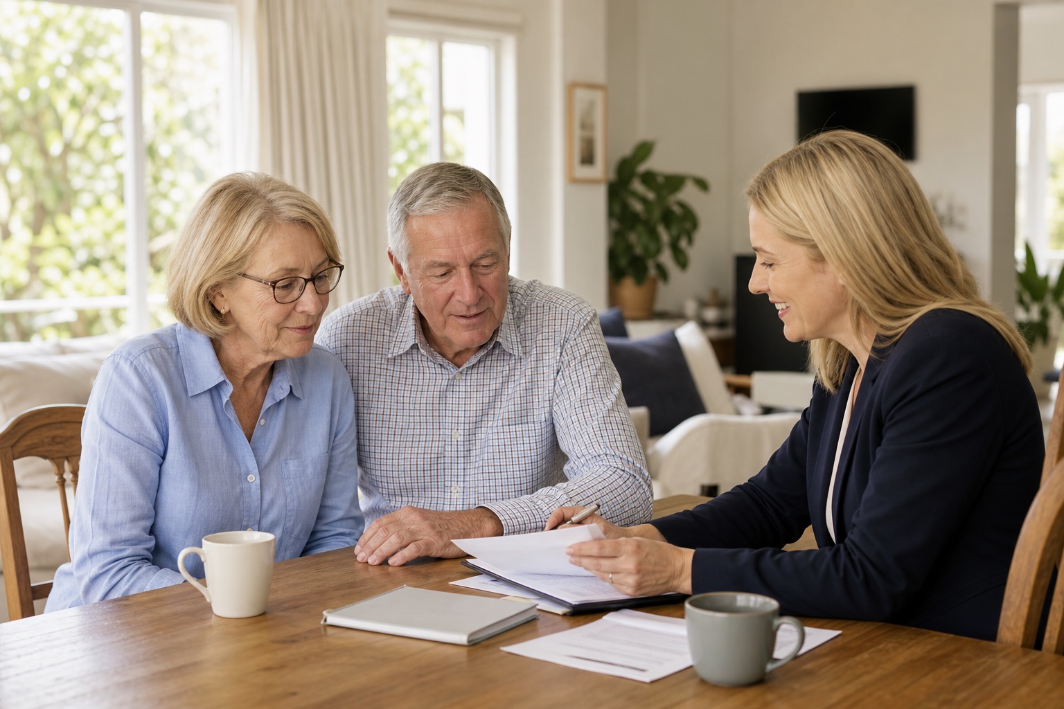 A couple going through their savings paperwork with an adviser at the kitchen table