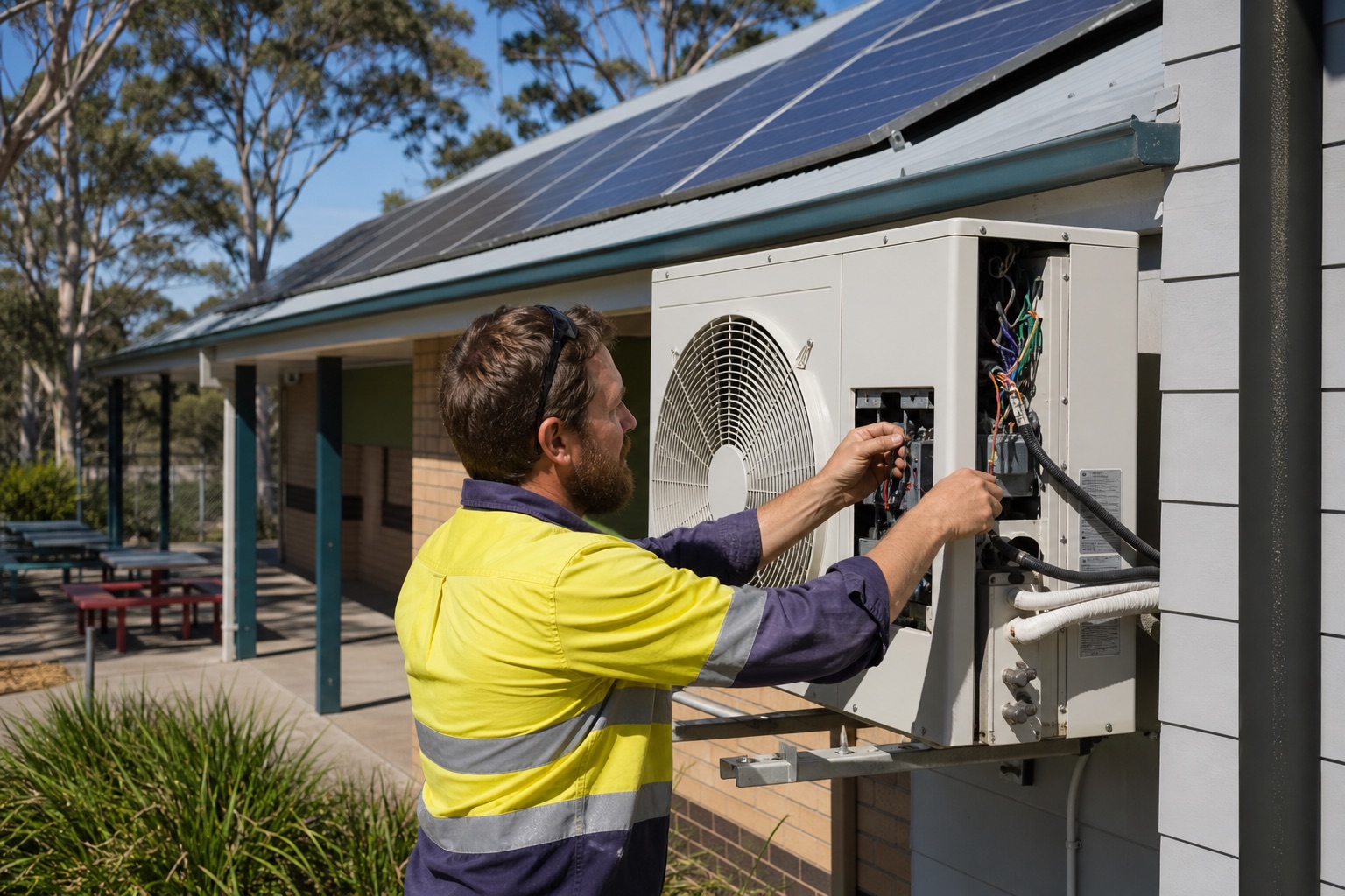 A tradesperson installing a heat pump on a community hall with rooftop solar panels