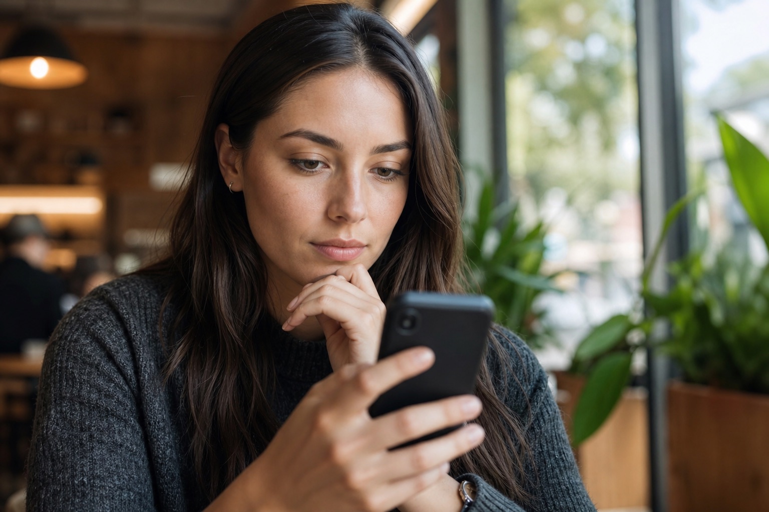 A customer reading a secure message on her phone