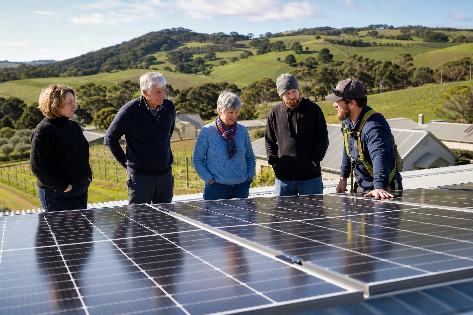 Solar panels newly installed on the roof of a community hall in the Adelaide Hills