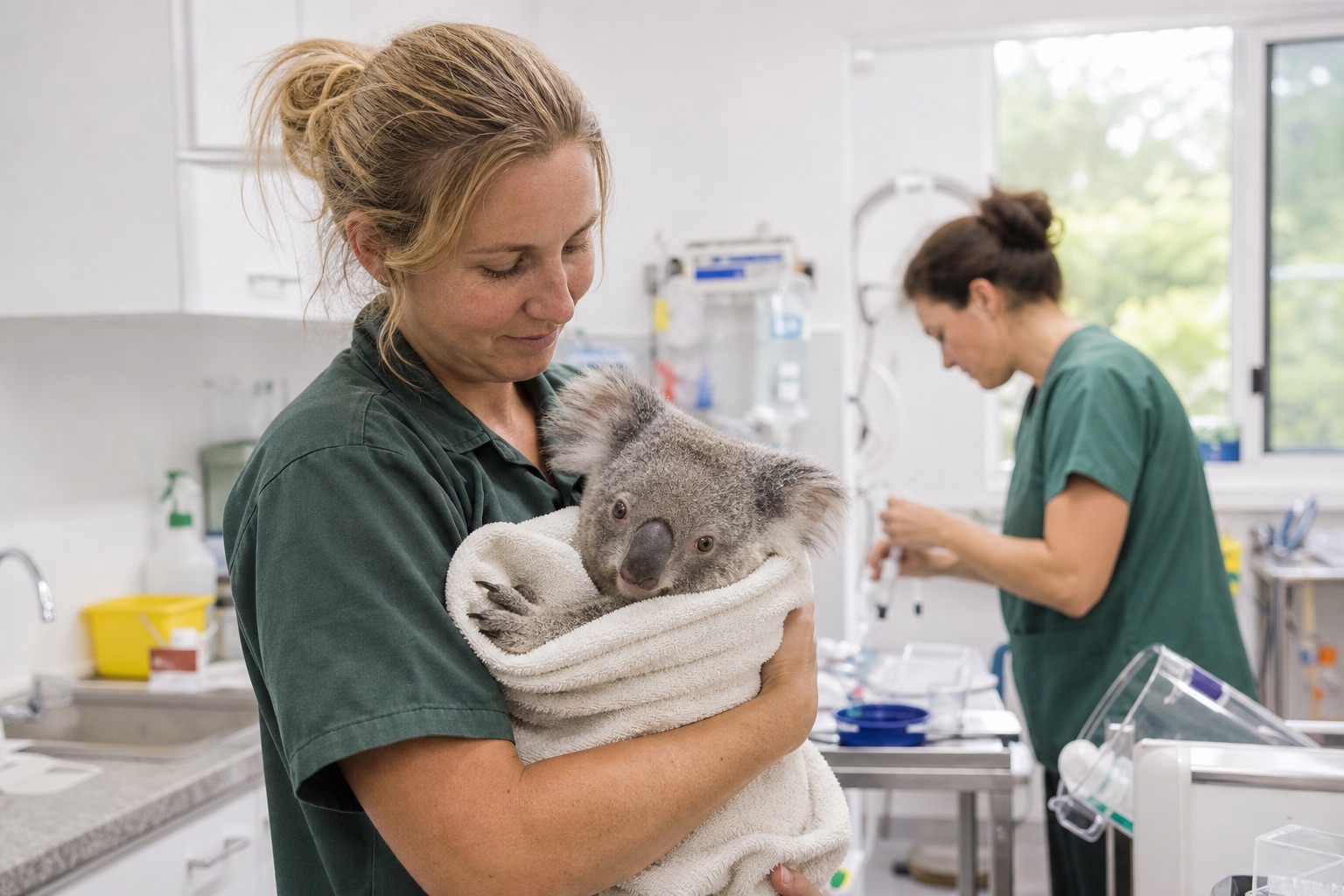 A veterinary nurse examining a rescued bird in the new treatment room at Coastal Wildlife Recovery near Noosa