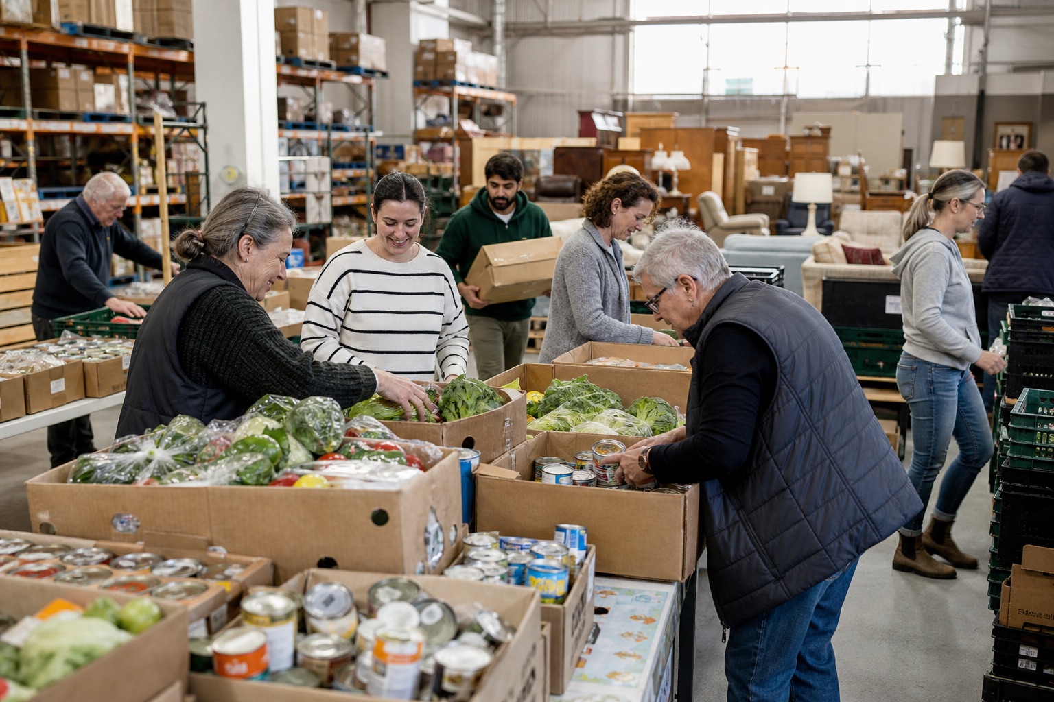 Volunteers sorting crates of fresh produce in the Gippsland Foodshare warehouse in Traralgon